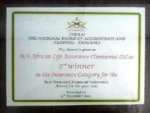 African Life Assurance (T) Ltd Wins NBAA Award 2012